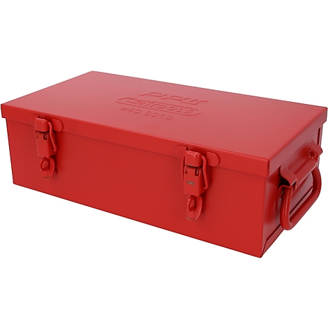 Rote Werkzeugkiste mit Verschluss und Tragegriff, 'PPM KSTOOLS' Schriftzug.